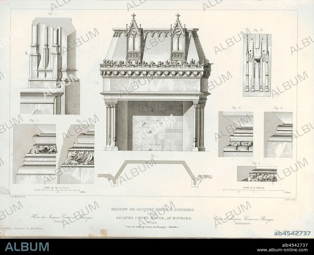 House of Jacques Coeur, in Bourges. Details, Ornaments in the Palais Jacques-C ur in Bourges, signed: J. de Mérindol del, Bury sculp, Pl., 85, Merindol, Jules Charles Joseph de (del.); Bury, Jean Baptiste Marie (sc.), 1853, Jules Gailhabaud: Monuments anciens et modernes: collection formant une histoire de l'architecture des différents peuples à toutes les époques. Paris: Librairie de Firmin Didot frères, 1853.