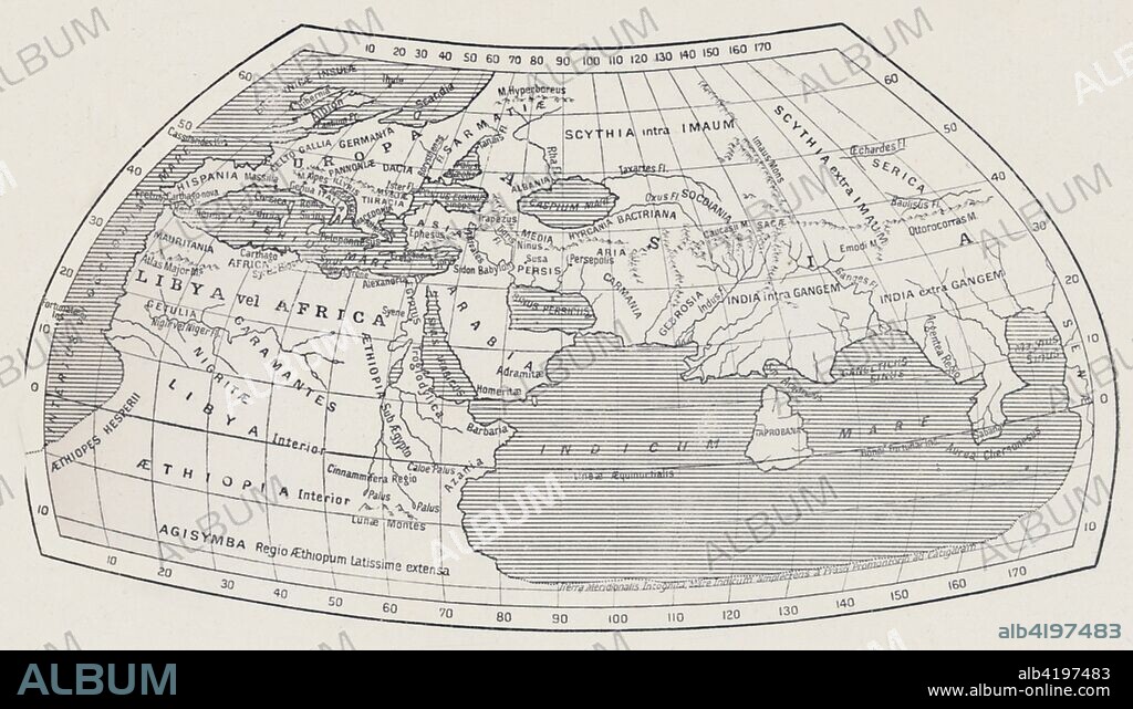 'Map of the World, According to Ptolemy', 1923. From "Australia, New Zealand and Oceania in Pictures", by H. Clive Barnard, M.A., Blitt. [A. & C. Black, Limited, London, 1923].