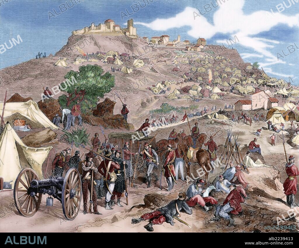 Italian unification (1859-1924). Conquest of Sicily (1860). Garibaldi goes to Palermo with the thousand volunteers called Redshirts. Camp of the troops of Garibaldi in Castrogiovanni. Engraving in "L'Illustration (1860) by M. Sutter. Colored.