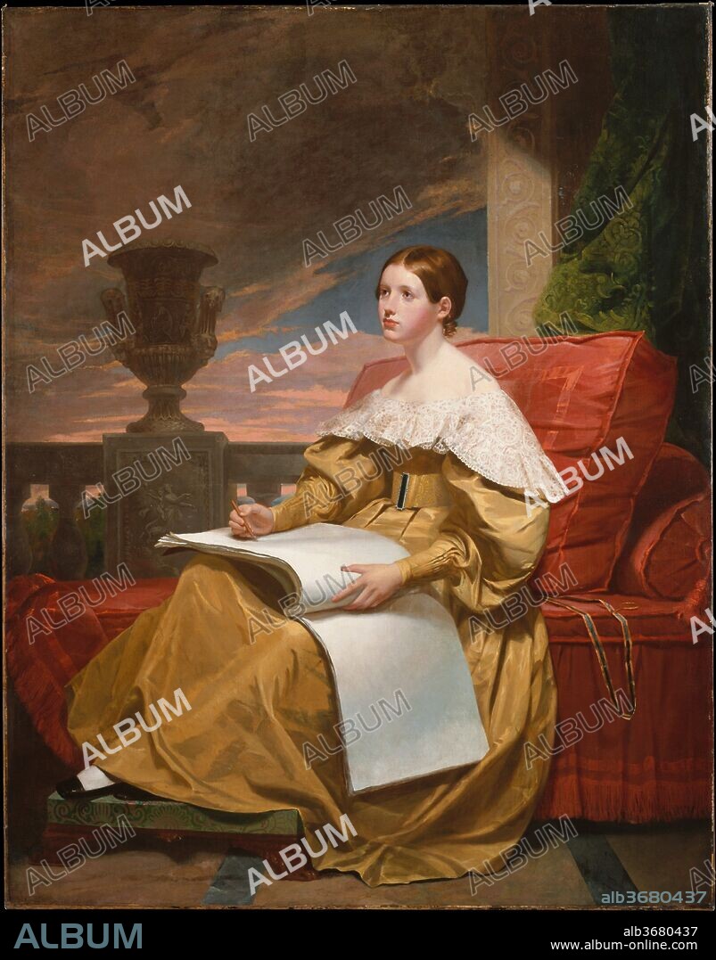 Susan Walker Morse (The Muse). Artist: Samuel F. B. Morse (American, Charlestown, Massachusetts 1791-1872 New York). Dimensions: 73 3/4 x 57 5/8 in. (187.3 x 146.4 cm). Date: ca. 1836-37.
The full-length portrait of Susan Walker Morse (1819-1885), the eldest daughter of the artist, was painted during the crucial years of the invention of Morse's telegraph (ca. 1835-37). The painting shows  the girl at about the age of seventeen, sitting with a sketchbook in her lap and pencil in hand with her eyes raised in contemplation.  Although traditionally described as a Muse, the figure is more likely a personification of the art of drawing or design. Morse drew on the full extent of his European training, taking from the works of Rubens and Veronese in what was to be an ambitious farewell to his career as an artist. Stymied by a lack of financial success, he abandoned painting for science and inventing. This painting was first exhibited at the National Academy of Design in 1837, where it won enthusiastic praise. Susan married Edward Lind in 1839 and moved to his sugar plantation in Puerto Rico, returning often to New York to spend extended periods with her father, who had been left a widower when Susan was just six. She gradually grew less and less happy with her husband and plantation life. Lind died in 1882; in 1885, Susan set out to return to New York permanently but tragically was lost at sea.