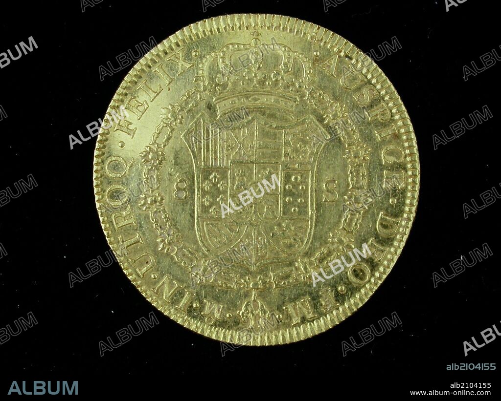 NUMISMATICA. MONEDA MODERNA. OCHO ESCUDOS DE ORO, DE CARLOS III. REVERSO. ARMAS ENTERAS DE ESPAÑA CON LAS DE BORBON SOBREPUESTAS DENTRO DEL ESCUDO CORONADO.1785. (DEPOSITO: MUSEO ARQUEOLOGICO NACIONAL).
