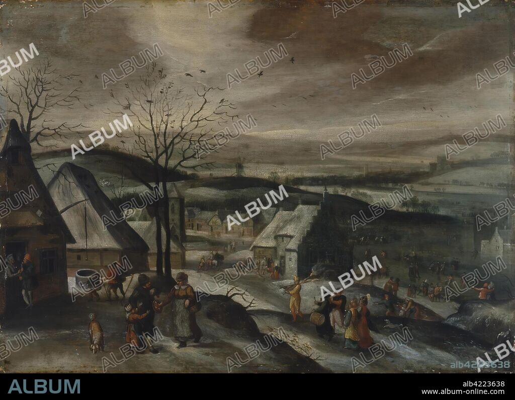 JACOB GRIMMER. 'Landscape with Carnival Scenes'. Netherlands, Second half of 16th century. Dimensions: 31x43 cm.