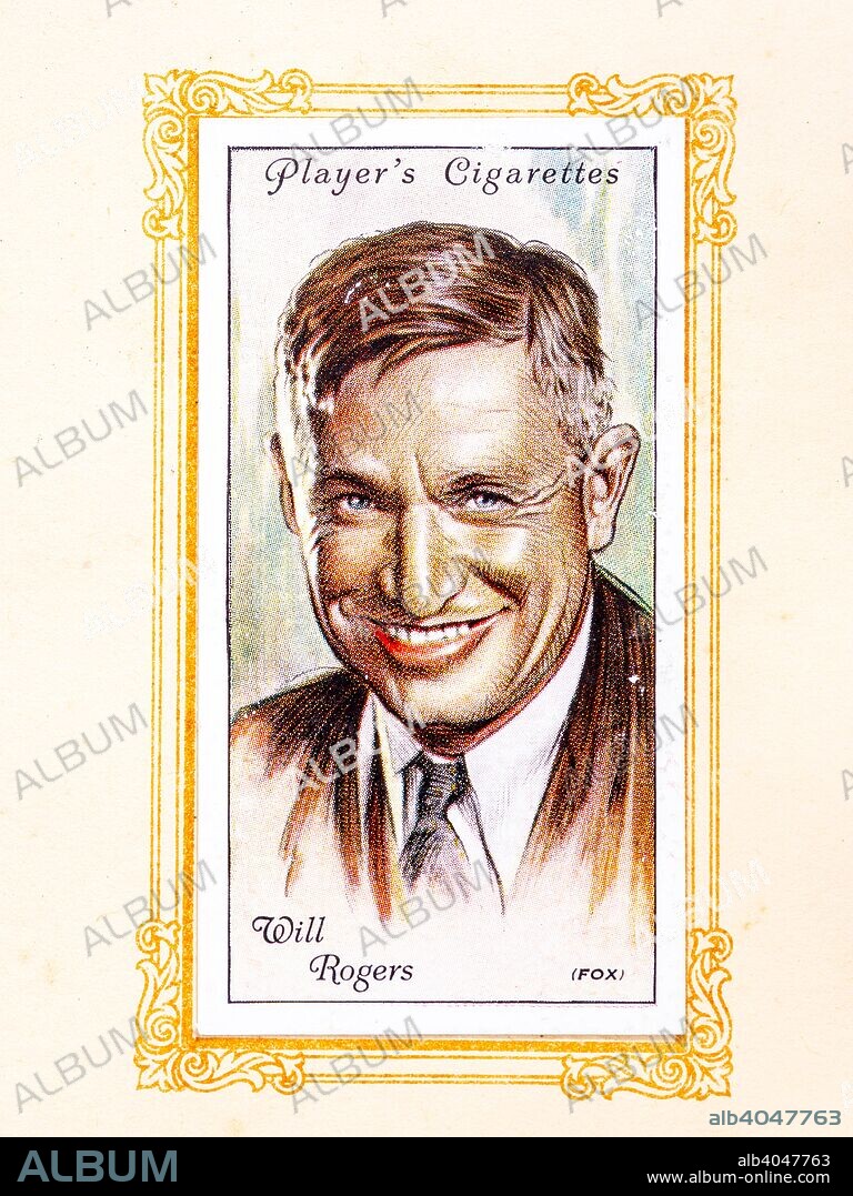 Will Rogers, 1934. William Penn Adair Will Rogers (November 4, 1879 - August 15, 1935) was a stage and motion picture actor, vaudeville performer, American cowboy, humorist, newspaper columnist, and social commentator. From An Album of Film Stars; Second Series issued by John Player & Sons. [Imperial Tobacco & Co Ltd, 1934].