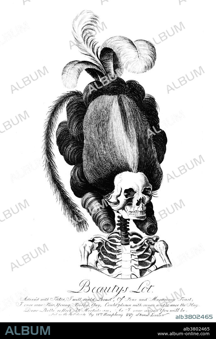 Entitled: "Beauty's lot." Shows a skeleton of a woman with a large, elaborate hairstyle. The 18th century was an age of elegance. Never in European history do we see men and women so elaborately artificial, so far removed from natural appearance. What could not be done with the natural hair was made with wigs. This epoch was an extravagant explosion of amazing hairstyles, a reaction completely opposed to the modesty and shyness of former centuries. In the mid-to-late 18th century, large, elaborate and often themed wigs were in vogue for women. These combed-up hair extensions were often very heavy, weighted down with pomades, powders, and other ornamentation. Published by William Humphrey, London, circa 1760-1800.