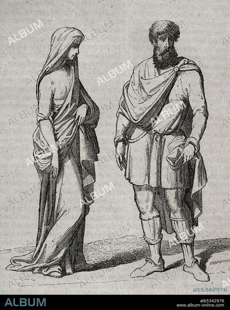 CODERCH. SPANISH ARTIST,19TH CENTURY. Trajes de los Godos de la plebe. Grabado por Coderch. Historia General de España por el padre Mariana. Madrid, 1852.
