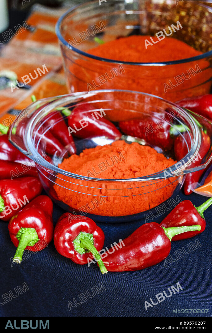 Tap De Corti local variety peppers, open-air market, Porreres, Mallorca, Balearic Islands, Spain.