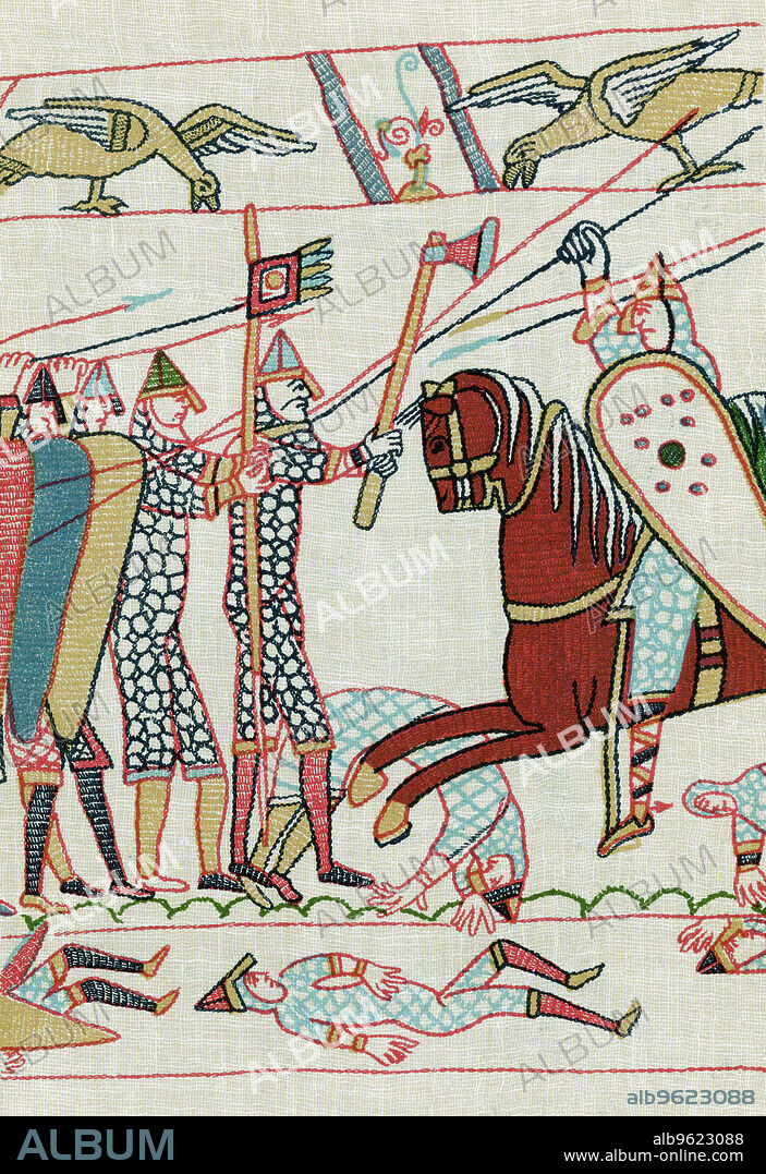 Battle of Hastings, 1066 (1070s). Harold II's (c1022-1066) Anglo-Saxon troops (left) led by an armoured standard bearer and a warrior with an axe, confront Norman cavalryman armed with lances. Detail from the Bayeux Tapestry. The tapestry, which tells the story of the events leading to the Battle of Hastings in 1066, was probably commissioned by Odo, Bishop of Bayeux, William's half-brother.