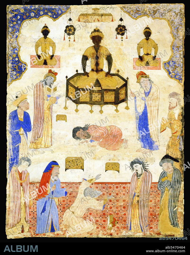 A Fal-nama is a book of divination that can be consulted at random. Opposite each painting is an explanatory text. This text tells us that the scene is enacted in the 'Azure monastery' - location unknown. The omens associated with the miniature are highly inauspicious. In around 1550, the ruling Shah Tahmasp developed an Islamic aversion to figurative painting, and it is likely that this manuscript was the last to be made in the shah’s studio, probably under the supervision of the painters Aqa Mirak and Abdul Aziz. It is not clear who the 'idolaters' are, but the scene is probably intended to portray Buddhists at worship.