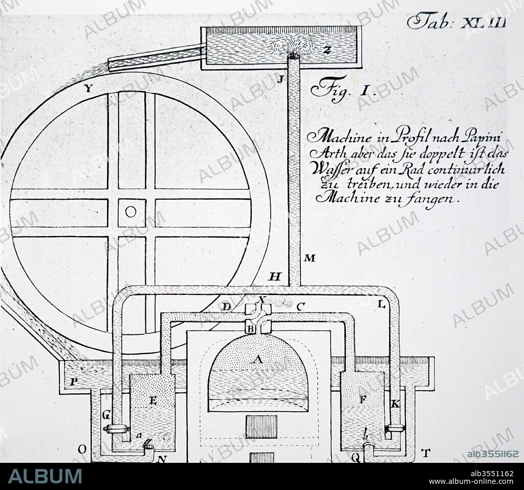 Illustration depicting a steam engine designed by Denis Papin. It had no piston, but used the steam pressure to raise water into a cistern. Water from the cistern then fell back, driving a water wheel as it did so. Denis Papin (1647-1713) a French physicist, mathematician and inventor, best known for his pioneering invention of the steam digester, the forerunner of the pressure cooker and of the steam engine. Dated 18th century.