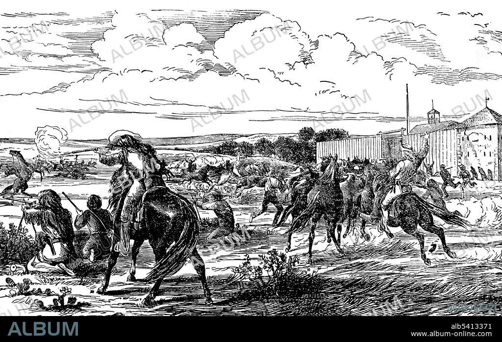 The Battle of St. Louis was an unsuccessful attack led by the British on St. Louis (a French settlement in Spanish Louisiana, founded on the West Bank of the Mississippi River after the 1763 Treaty of Paris) on May 26, 1780, during the Anglo-Spanish War. A former British militia commander led a force primarily of Indians and attacked the settlement. Fernando de Leyba, the Lieutenant Governor of Spanish Louisiana, led the local militia to fortify the town as best as they could and successfully withstood the attack.  Story of the Wild West by Buffalo Bill, 1888 (cropped and cleaned).