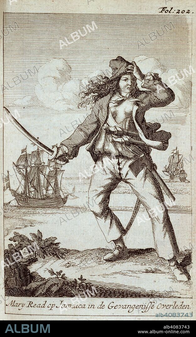 Mary Read. [A General History of the Pirates. vol. 1.] Histor. Amsterdam, 1725. Mary Read. Died 1721. English female pirate, active 1719 - 1721. Portrait.  Image taken from [A General History of the Pirates. vol. 1.] Historia der Engelsche Zee-Roovers In het Engelsch beschreeven door C J., en in het Nederduytsch overgezet, door R. Hennebo, etc.  Originally published/produced in Amsterdam, 1725. . Source: 9555.aaa.1, opposite 222. Language: English.