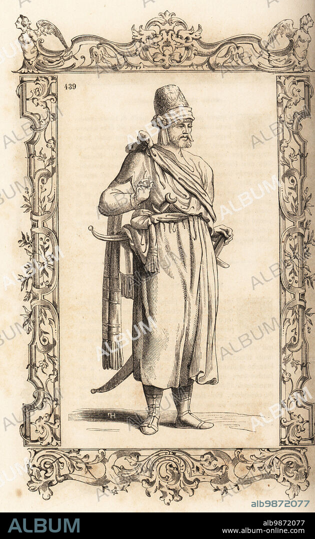 Costume of a man of the Kingdom of Tlemcen, Ottoman Empire (Algeria) 16th century. Berber man with fur hat, cotton robe, silk scarf tied at the shoulder, striped belt, leather sandals, scimitar and daggers. Within a decorative frame engraved by H. Catenacci and Fellmann. Woodblock engraving by Gerard Seguin and E.F. Huyot after a woodcut by Christoph Krieger from Cesare Vecellios 16th century Costumes anciens et modernes, Habiti antichi et moderni di tutto il mondo, Firman Didot Ferris Fils, Paris, 1859-1860.