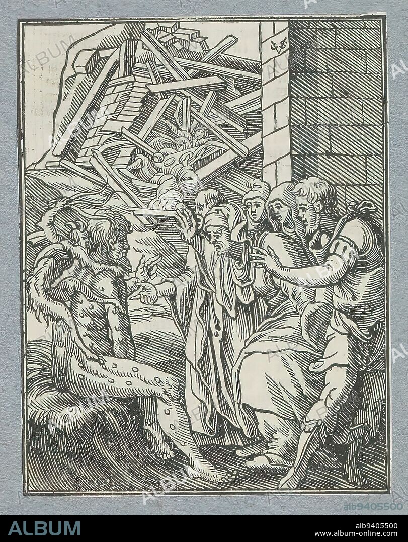Satan covers Job with sores, Job sits on the dung heap, while being tormented by the devil and mocked by his friends. Behind it his house, destroyed by a hurricane. The print is part of an album., print maker: Christoffel van Sichem (II), (mentioned on object), print maker: Christoffel van Sichem (III), (mentioned on object), publisher: Pieter Jacobsz. Paets, Amsterdam, 1645 - 1646, paper, letterpress printing, height 111 mm × width 85 mm.