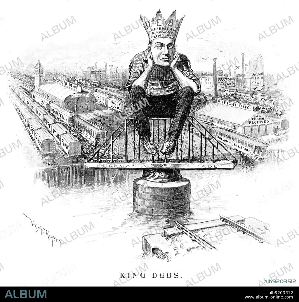 Cover cartoon of Harper's Weekly, July 14, 1894. Eugene V. Debs (1855-1926) was an American socialist, political activist, trade unionist, and one of the founding members of the Industrial Workers of the World (IWW). As president of the American Railway Union, he led a boycott against handling trains with Pullman cars in what became the nationwide Pullman Strike of 1894.. He was criticized in the press for causing food shortages and passenger delays.