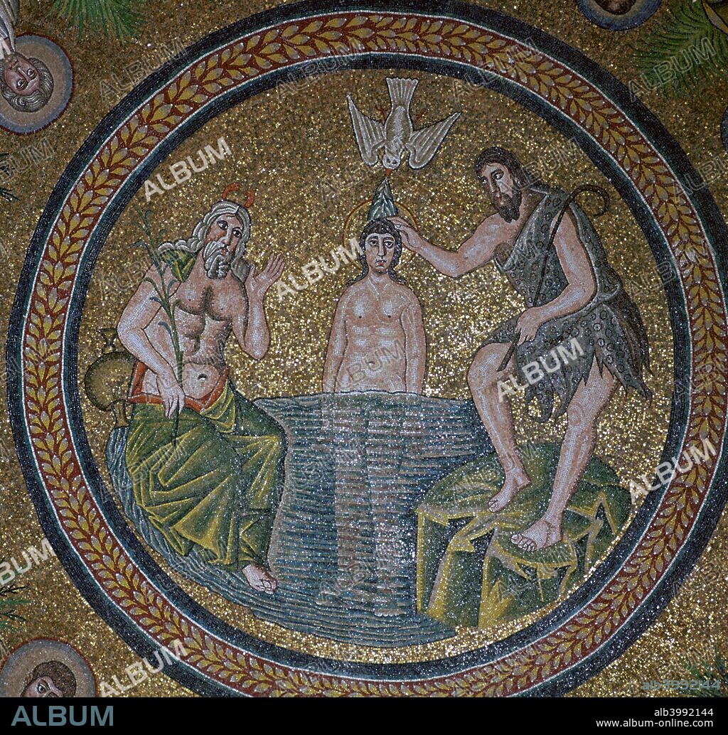 A mosaic of the baptism of Christ, with the figure of the River Jordan on the left, and St John the Baptist on the right. The mosaic is on the dome of the Baptistry of the Arians in Ravenna, 5th century.