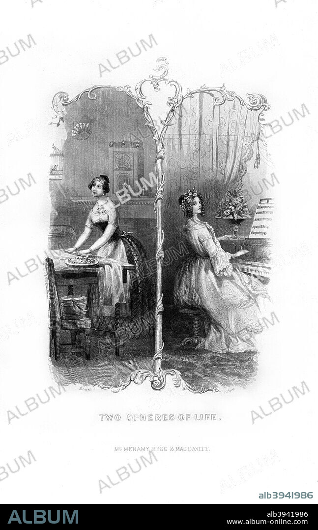 'Two Spheres of Life', 1872. A domestic servant works (left), while her mistress plays the piano. Engraving from John Gilmary Shea's A Child's History of the United States, Hess and McDavitt, (New York, 1872).