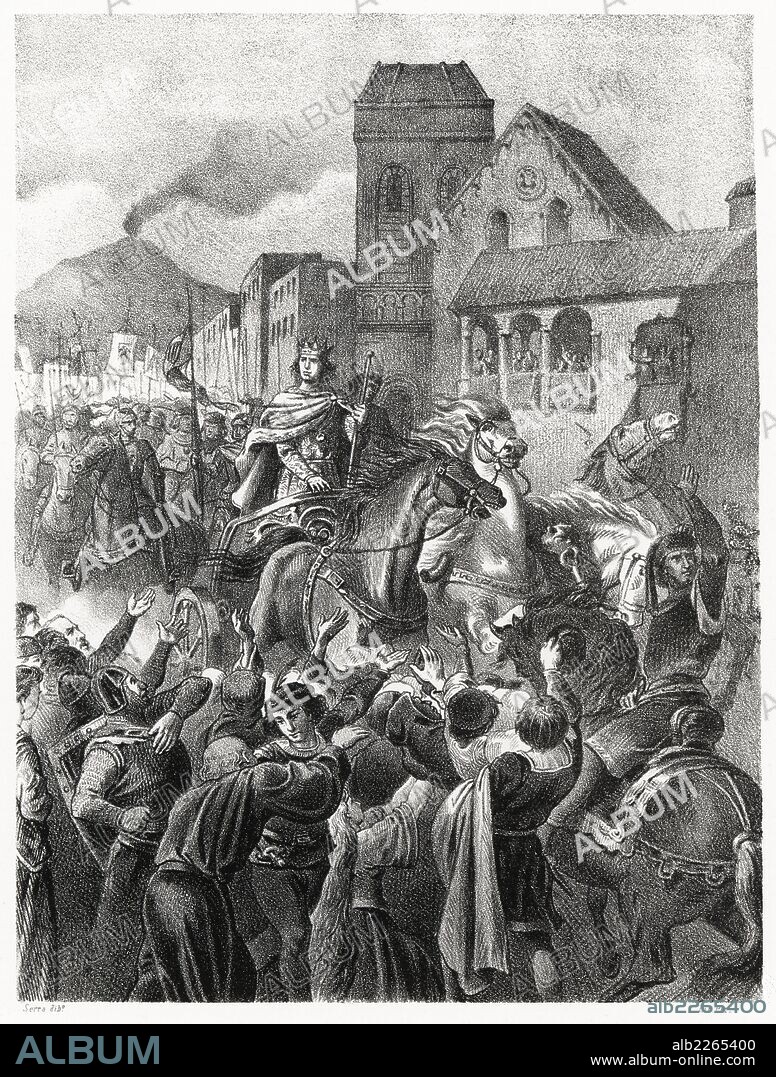 Historia de España. Entrada triunfal en Nápoles de don Alfonso V de Aragón (1396-1458), el Magnánimo, en 1442. Grabado de 1872.