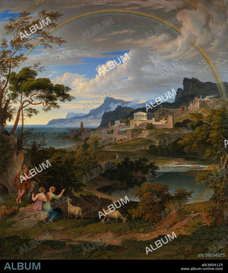 Heroic Landscape with Rainbow. Artist: Joseph Anton Koch (Austrian, Obergibeln bei Elbigenalp 1768-1839 Rome). Dimensions: 42 3/4 x 37 3/4 in. (108.6 x 95.9 cm). Date: 1824.
The classically-trained painter Joseph Anton Koch was a father-figure to many German-speaking artists who visited Rome in the early nineteenth century. He renewed the genre of heroic landscape painting, which had been established by the seventeenth-century French masters Claude Lorrain and Nicolas Poussin. Koch's fame rests on this iconic image, which he referred to as a "Greek landscape."  It is the fourth and final version of a composition he first painted in 1805 (Staatliche Kunsthalle, Karlsruhe).