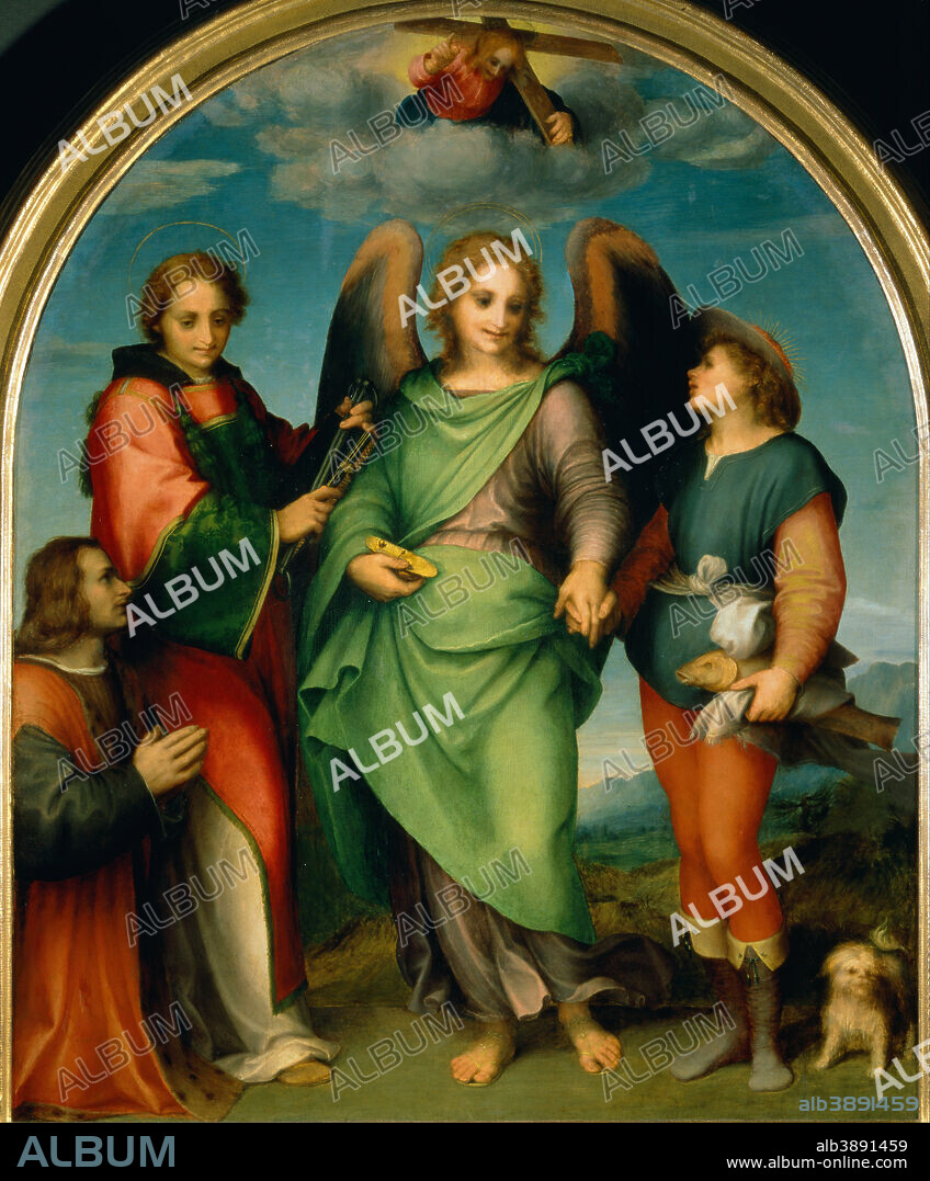 ANDREA DEL SARTO. The Archangel Raphael with Tobias, St. Leonard and the Donor, Leonardo di Lorenzo Morelli. Date/Period: 1512. Painting. Oil on panel. Height: 1,780 mm (70.07 in); Width: 1,530 mm (60.23 in).