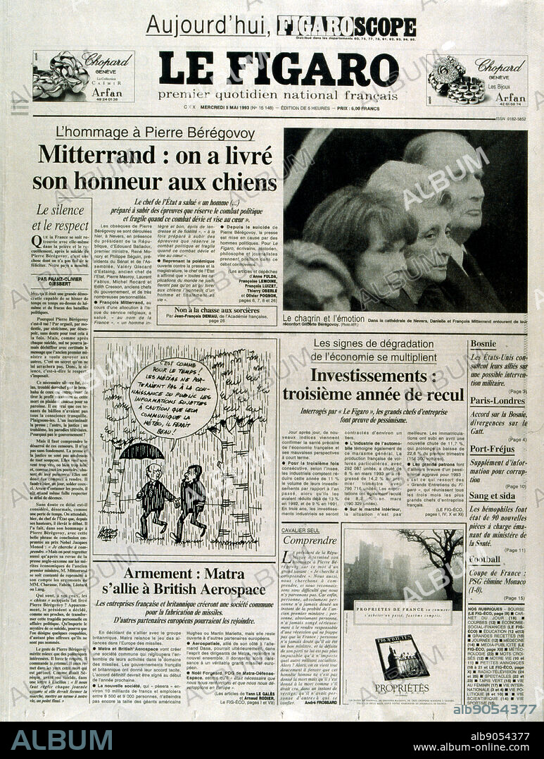 Front page of the French newspaper 'Le Figaro' after the suicide of Pierre Beregovoy, May 1993. Pierre Eugene Beregovoy (1925 1 May 1993) was a French politician who served as Prime Minister of France under President Francois Mitterrand from 2 April 1992 to 29 March 1993.