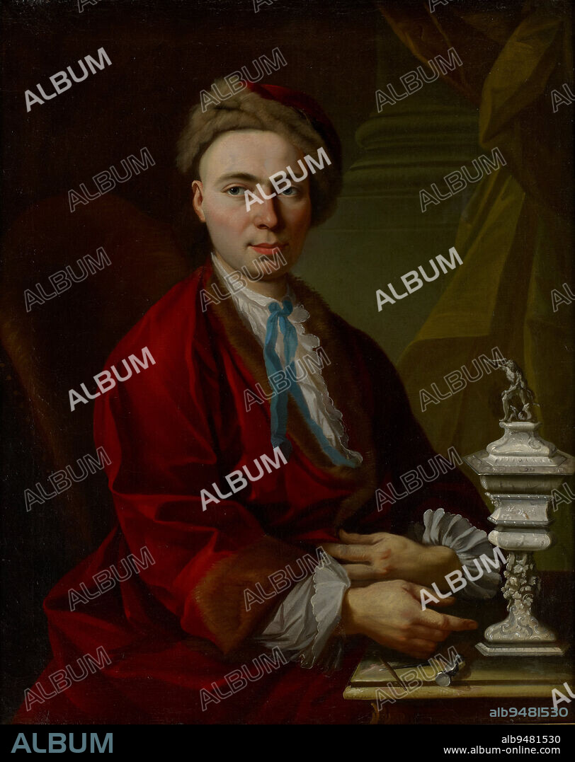 Portrait of the Silversmith Johann Friedrich Baer, c. 1770, Attributed to Johann Daniel Heimlich, French, 1740 - 1796, 37 1/2 x 30 in. (95.25 x 76.2 cm) (sight)47 x 39 1/2 in. (119.38 x 100.33 cm) (outer frame), Oil on canvas, France, 18th century, Johann Friedrich Baer proudly presents his Masterpiece Cup and Cover, which he made in 1746 to become a master in the guild of silversmiths of the city of Strasbourg, France. The artist's contemporaries immediately recognized the cup and cover as a masterpiece.