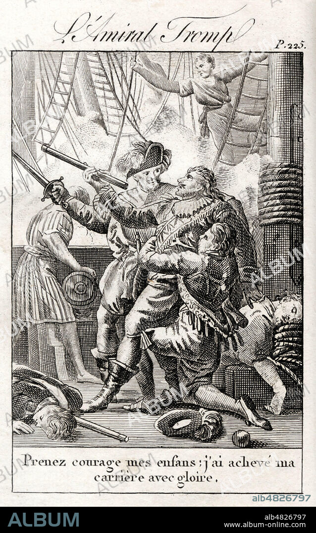 Mort de l'amiral Maarten TROMP (1598-1653) pendant la bataille de Scheveningen: Prenez courage mes enfants, j'ai acheve ma carriere avec gloire. Illustration anonyme de 1823 pour Histoire de la Hollande et des Pays-Bas par Francois-Marie MARCHANT-DE-BEAUMONT (1769-1832). Credit : Collection Jonas/Kharbine-Tapabor.