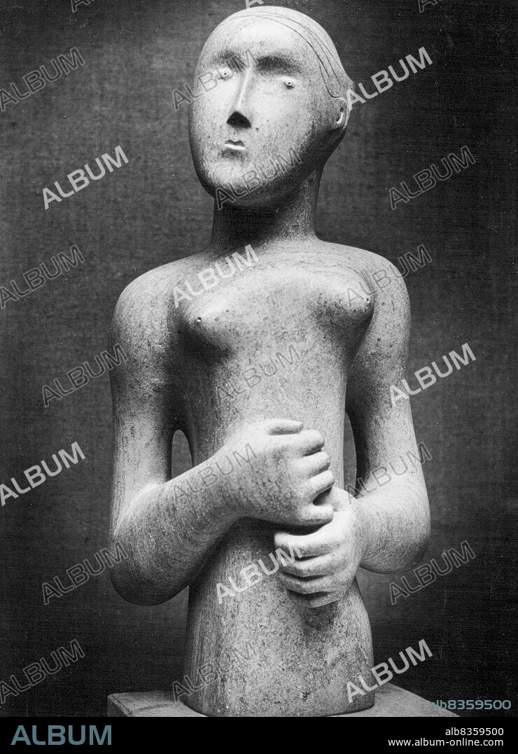 Henry Moore Exhibition, Europe, 1949/50 -- Catalogue Number.Title: Girl, 1931.Medium: Ancaster Stone.Size: 33 inches high 82 cm. high.Owner: Whitechapel  Art Gallery, London. October 9, 1950.