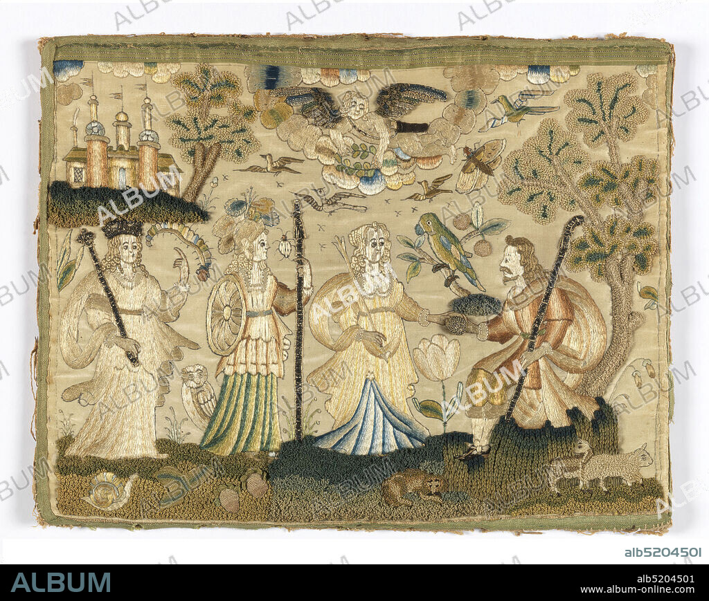 The Judgement of Paris, Medium: silk and metal thread embroidery on silk foundation, mica Technique: embroidered in stem satin, knot, couching and padded couching stitches with detatched and undetached looping (needle lace) on 4/1 satin foundation, Seated male figure at the right (Paris) hands the Golden Apple to the first of three female figures (Venus) lined up in front of him. The next figure is Minerva, the last is Juno. At the top Cupid leans out of a cloud with a laurel wreath for his mother., England, 165075, embroidery & stitching, Embroidered picture, Embroidered picture.