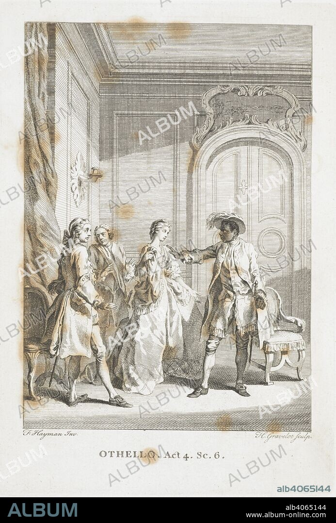 WILLIAM SHAKESPEARE. Illustration for the play by Shakespeare, 'Othello'. Act 4, scene VI. The Works of Shakespear In six volumes Carefully revised and corrected [by Sir T Hanmer] by the former editions, and adorned with sculptures [after designs by F Hayman], etc. Oxford : Printed at the Theatre, 1744, 43. Source: 79.l.6-11 volume 6 page 437. Language: English.