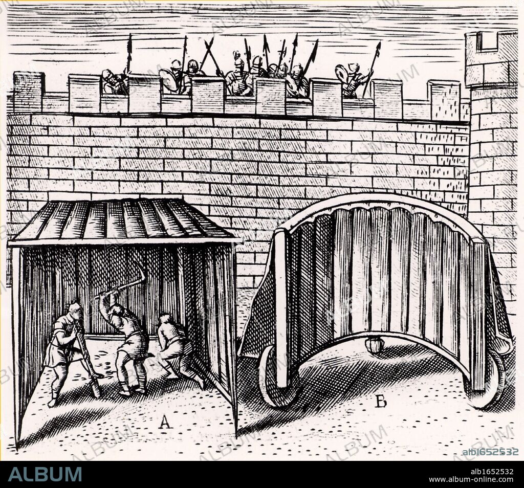 Military engineering: Sappers using a 'sow', A, to begin excavations outside the walls of a city under siege. B is a wheeled shield with its tough leather protective cover turned back to show its construction.  From "Poliorceticon" by Justus Lipsius (Antwerp, 1605). Copperplate engraving.     (Photo by: Universal History Archive/UIG via Getty Images).