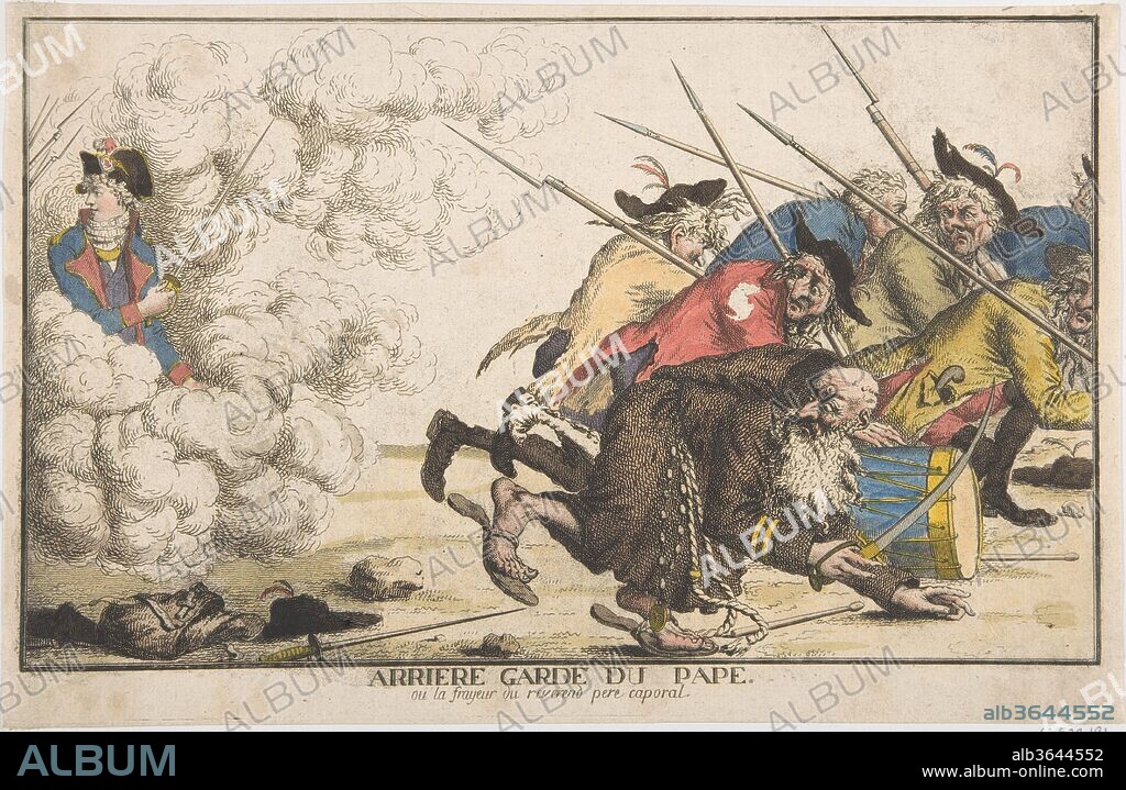 The Pope's Rear Guard or the Fright of the Reverend Father Corporal (Arrière garde du pape, ou la frayeur du reverend pere caporal). Artist: Anonymous, French, 18th century. Dimensions: sheet: 8 9/16 x 13 1/4 in. (21.8 x 33.7 cm). Date: late 18th century.