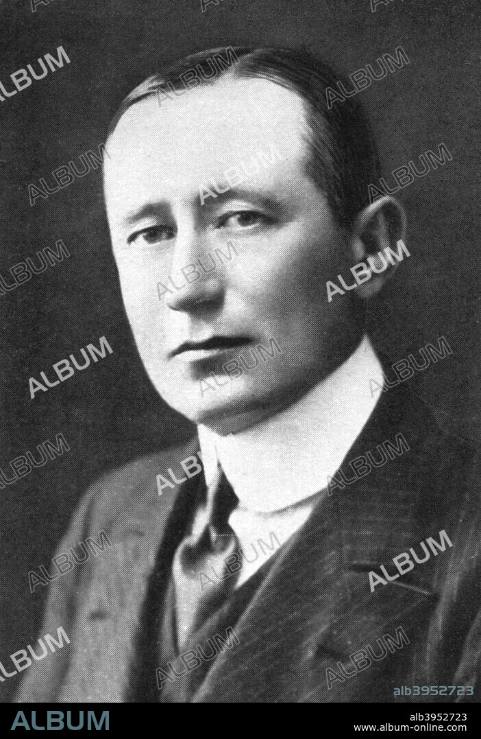 Guglielmo Marconi (1874-1937), Italian physicist and inventor, 1926. Marconi discovered a way in which waves could be used to send messages from one place to another without wires or cables. Having read about Heinrich Hertz's work with electromagnetic waves, he began experiments of his own, and in 1894 successfully sounded a buzzer 9 metres away from where he stood. In 1902 Marconi sent a radio signal across the Atlantic in Morse code. Five years later, a Canadian scientist, Reginald Fessenden, transmitted a human voice by radio for the first time. Marconi's inventiveness and business skills made radio communication a practical proposition. From An Outline of Christianity, The Story of Our Civilisation, volume 4: Christianity and Modern Thought, edited by RG Parsons and AS Peake, published by the Waverley Book Club (London, 1926).