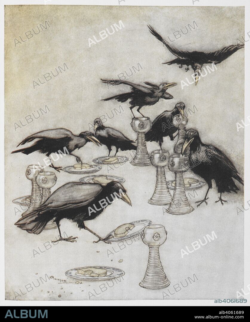 ARTHUR RACKHAM and GEBRUEDER GRIMM. The seven ravens eating and drinking. Grimm's Fairy Tales. Illustrated by Arthur Rackham. London : William Heinemann, [1925]. 'But they said one after another: "Halloa! Who has been eating off my plate? Who has been drinking out of my cup?"'. Source: 12410.r.7. facing page 288.