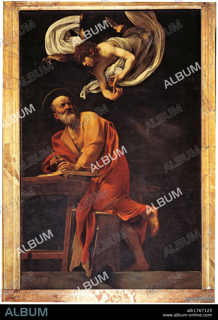 St. Matthew and the Angel, by Michelangelo Merisi known as Caravaggio, 1602, 17th Century, oil on canvas, cm 295 x 195. Italy, Lazio, Rome, San Luigi dei Francesi Church, Contarelli Chapel. All. Bearded man saint St. Matthew angel flight mantle red table bench stool dictation book background black.