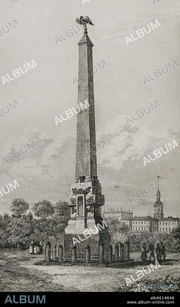 Obelisco de Pultava, edificado para conmemorar la Batalla de Poltava de 1709. Actualmente territorio de Ucrania. Grabado por Lemaitre, Danvin y Alfred. Historia de Rusia por Chopin. Panorama Universal, edición española de 1839.