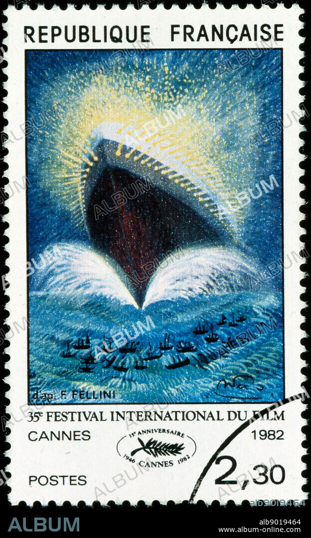 French postage stamp depicting the official poster of the 35th Cannes Film Festival, adapted from an original drawing by Italian film director Federico Fellini. 1982.