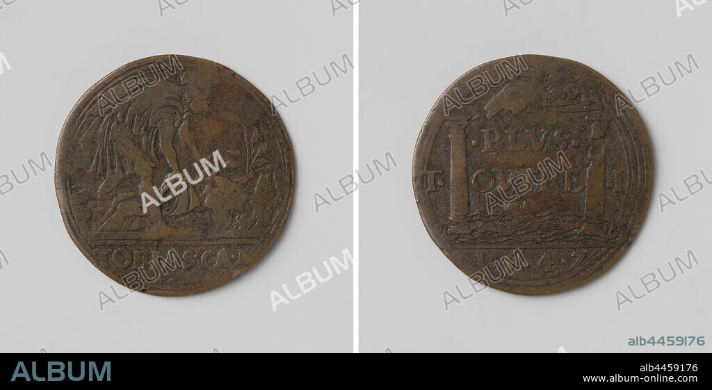 Maximilian, count of Buren, army commander in the service of Charles V, conquers Frankfurt am Main, Copper Medal. Obverse: man, representing Tobias, is burying man lying on the ground, cut off: inscription. Reverse: blessing hand from clouds above columns of Herkules, flanked by letters T and I, between columns: inscription and boat, cut off: inscription, Frankfurt am Main, Charles V of Habsburg (German Emperor and King of Spain), Maximilian of Egmont (Count of Buren), anonymous, 1547, copper (metal), striking (metalworking), d 2.9 cm × w 4.90 gr.