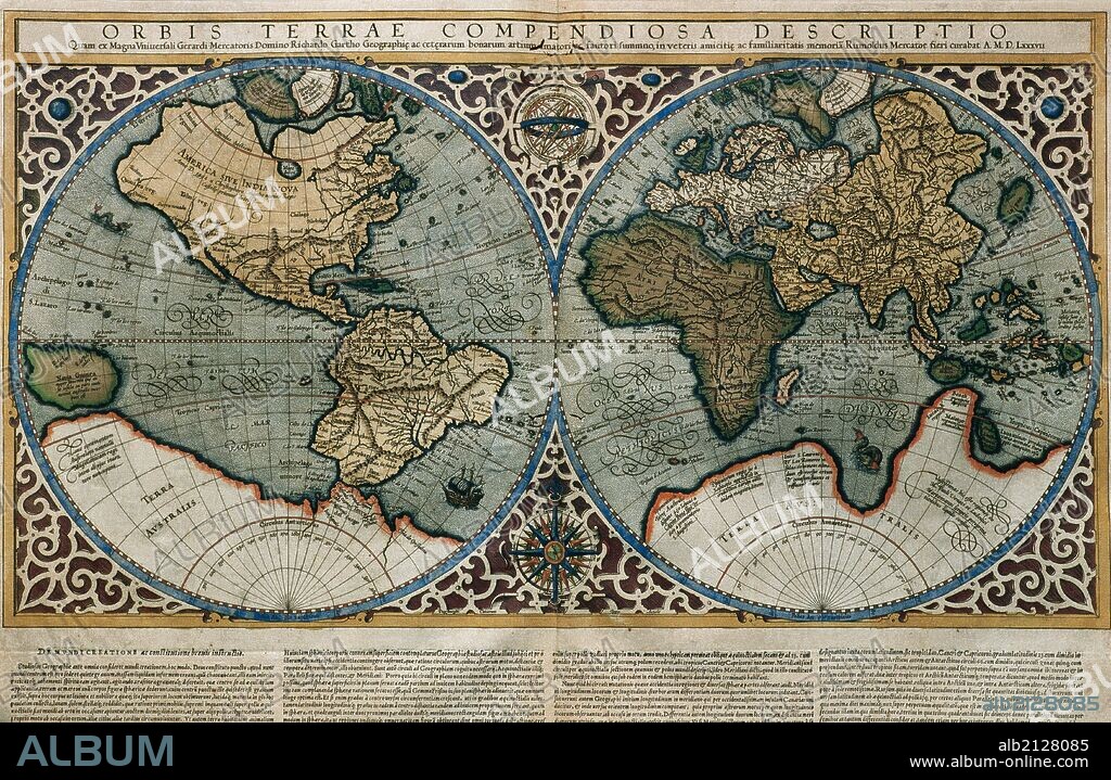 GERARDUS MERCATOR. Orbis Terrae Compendiosa Descriptio. World map, 1587. By Rumold Mercator (1545-1599).