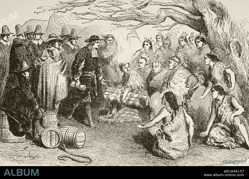 In 1682, William Penn makes a treaty with the Delaware or Lenape Indians under the elm tree at Shackamaxon in present day Pennsylvania. From a 19th century illustration.