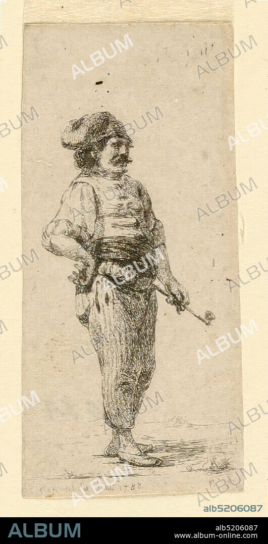 Sailor with a Pipe, Dominique Vivant Denon, French, 1747 - 1825, Etching on paper, A standing male peasant, facing half-right, carrying a long-stemmed pipe in his left hand and wearing a Plergyian cap., France, ca. 1788, Print, Print.