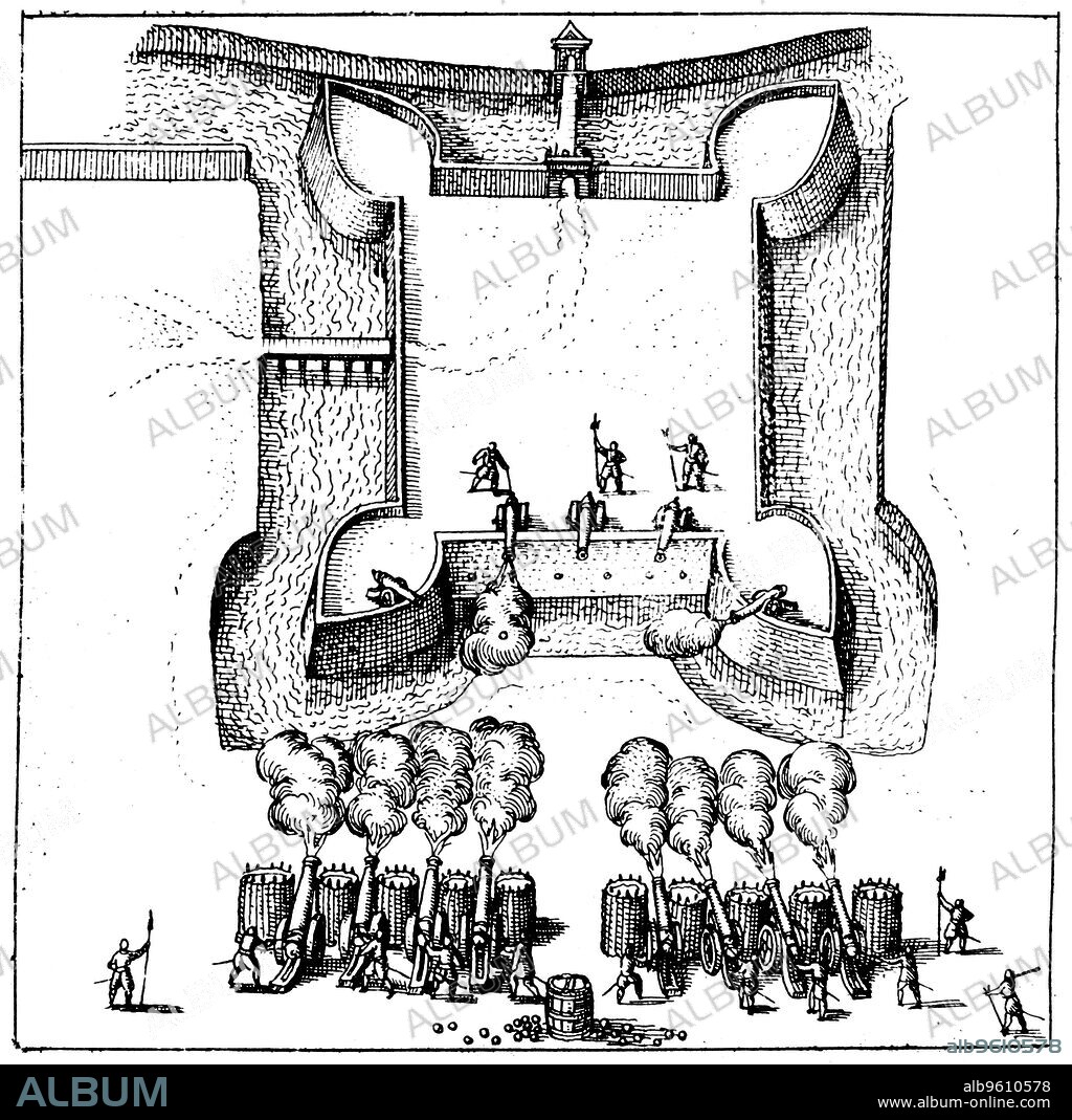 ROBERT FLUDD. 'Utriusque cosmi historia', 1517-19. Gunners laying siege to moated and fortified enclosure. Attackers are using earth-filled Gabions to protect their guns and themselves.