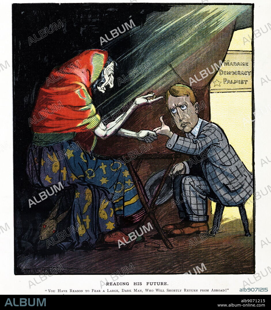 Political satire illustration depicting Madame Democracy Palmist, reading William Randolph Hearst's palm and speaking of the future. Dated 1931.