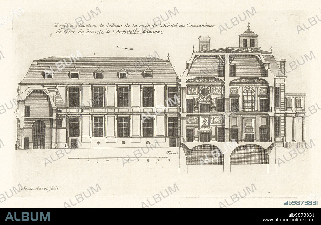 Profile and elevation of the courtyard interior of the Hotel de Jars, near the Porte de Richelieu, designed by architect Francois Mansart for Francois Rochechouart, Commandeur de Jars, in 1648. Profil et Elevation du dedans de la Cour de l'Hostel du Comandeur du Gert, a Paris proche la porte de Richelieu, du dessein de l'architecte Mansart. Copperplate engraving drawn and engraved by Jean Marot from his Recueil des Plans, Profils et Elevations de Plusieurs Palais, Chasteaux, Eglises, Sepultures, Grotes et Hotels, Collection of Plans, Profiles and Elevations of Palaces, Castles, Churches, Tombs, Grottos and Hotels, chez Mariette, Paris, 1655.