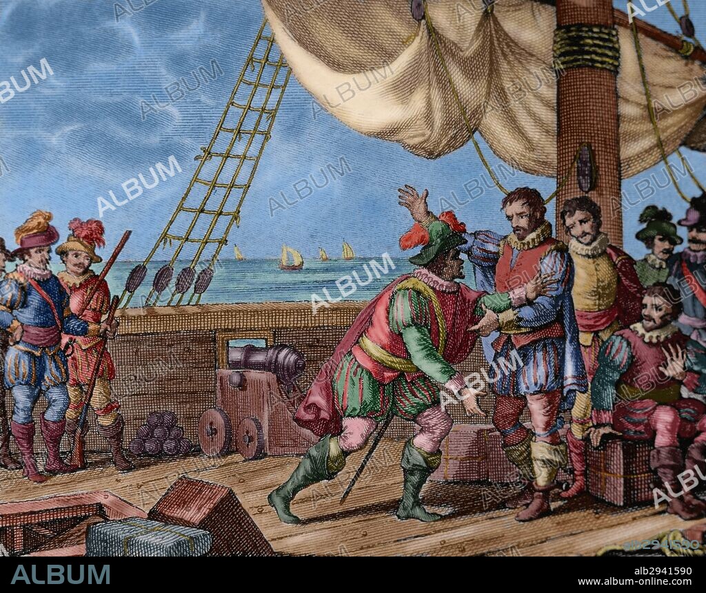 Third Voyage of Christopher Columbus. Columbus and his brothers Diego and Bartholomew are sent to Spain after being arrested in the island La Espanola by the spanish governor of the Indies Francisco de Boadilla, 1500. Engraving, 1807. Colored.