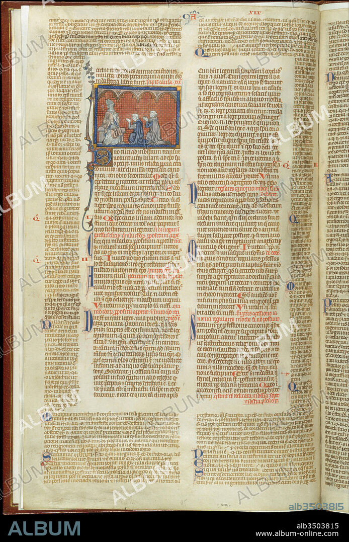 Bifolium with the Decretals of Gratian, ca. 1290, Made in Paris, France, French, Tempera and gold on parchment, brown ink; modern leather binding, Overall: 19 x 11 1/2 x 1/2in. (48.3 x 29.2 x 1.3cm), Manuscripts and Illuminations, Style of Master Honore, Like the Crucifixion from a Missal, this illuminated bifolium, or double page, ranks with the finest painting produced in thirteenth-century Paris. The bifolium, which formed part of a manual of medieval canon law, the Decretals of Gratian, was compiled by a monk who taught at Bologna in the mid-twelfth century.