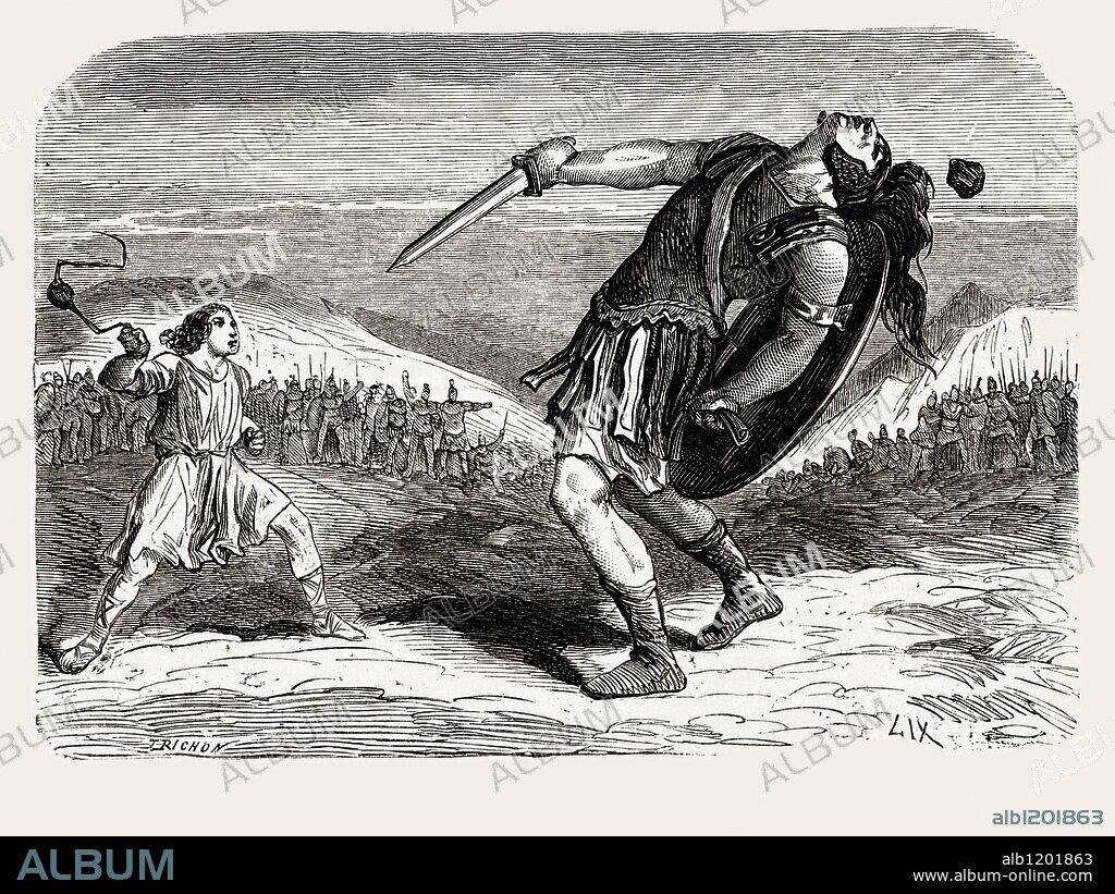 Goliat, gigante filisteo que desafió a los soldados israelitas y fue muerto por una piedra lanzada con una honda por David (1015-975 a.JC), segundo rey hebreo; su vida se narra en los libros 1 y 2 de Samuel. Grabado de 1866.