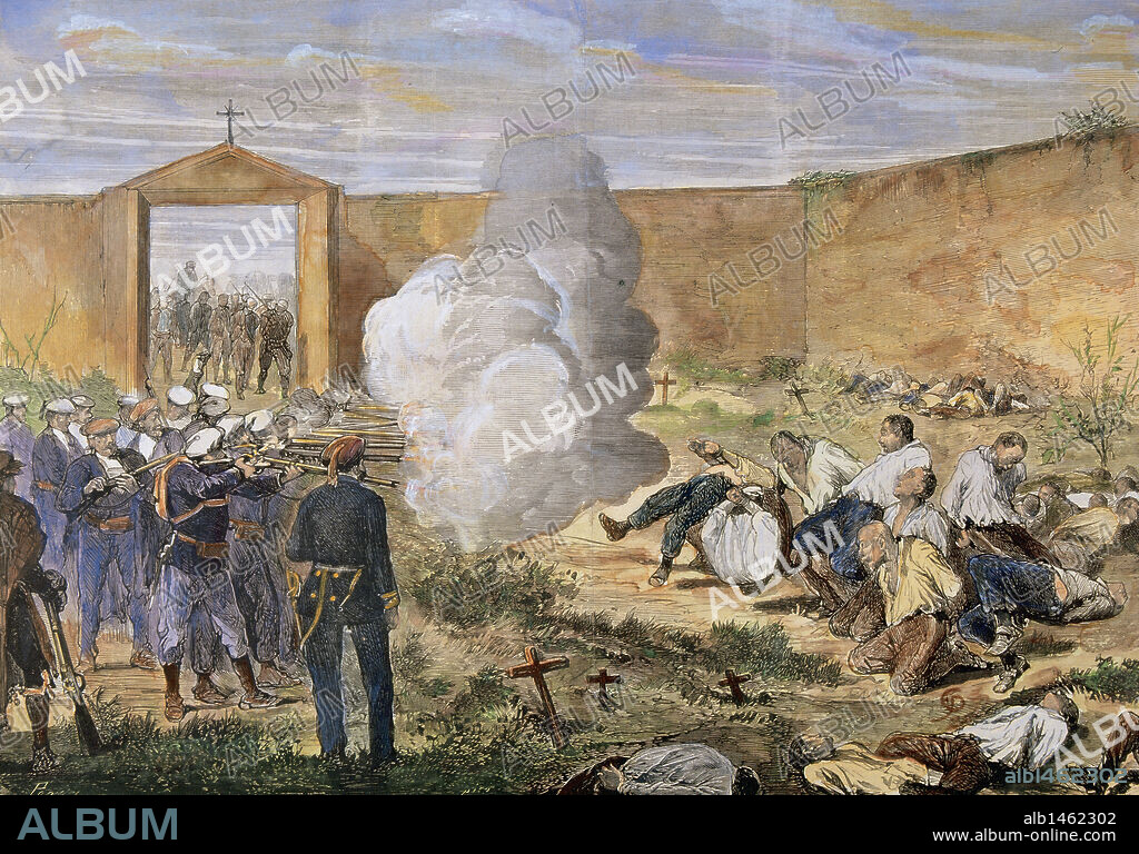TERCERA GUERRA CARLISTA (1872-1876). ACCION DE CASTELLFULLIT ENTRE LA COLUMNA NOUVILAS Y LA FACCION DE FRANCESC SAVALLS (1874). Las tropas carlistas de Savalls vencieron a las del jefe liberal Nouvilas, dominando así los carlistas gran parte de Cataluña. "FUSILAMIENTO DE PRISIONEROS DE LA COLUMNA NOUVILLAS EN EL CEMENTERIO DE LLAYES" (17 de julio de 1874). Grabado coloreado.
