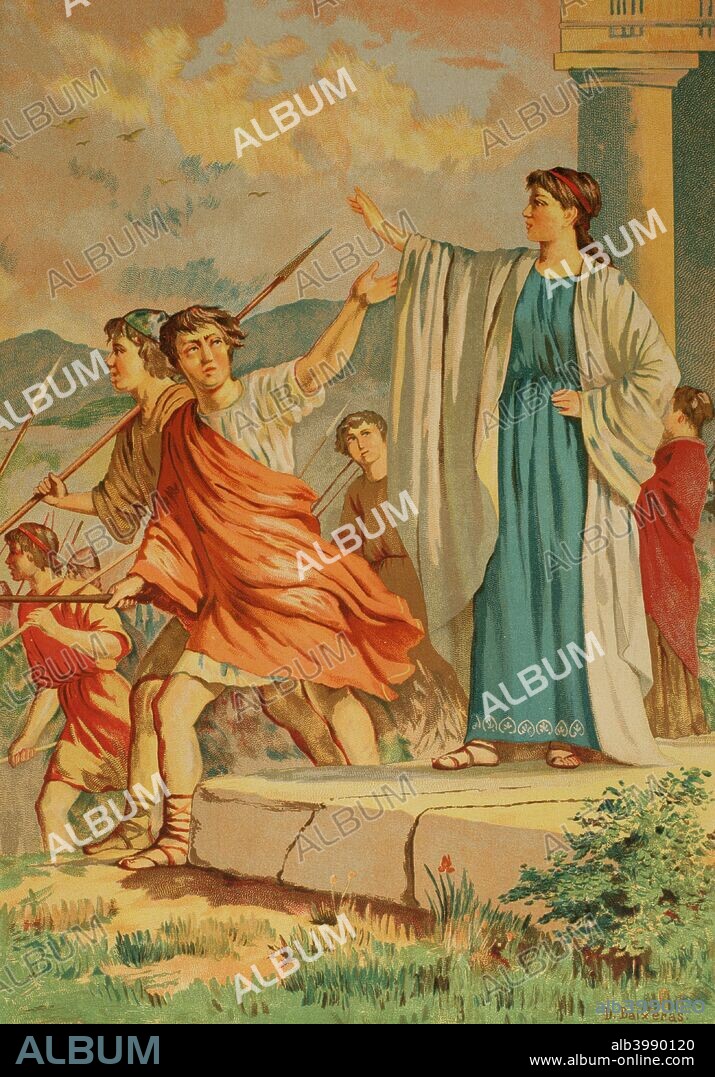 Greece. Ancient Sparta. Spartan woman saying goodbye to her son who goes to war. Drawing by Dionisio Baixeras (1862-1943). Chromolithography. La Civilizacion (The Civilization), volume II, 1881.