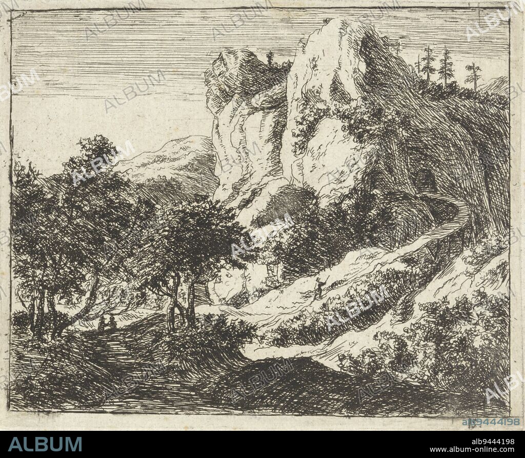 A man climbs a steep road that leads to a tunnel through a mountain. In the foreground two more walkers on a tree-lined road, Mountain landscape with walkers., print maker: Jan Soukens, (mentioned on object), 1678 - 1725, paper, etching, h 102 mm × w 125 mm.