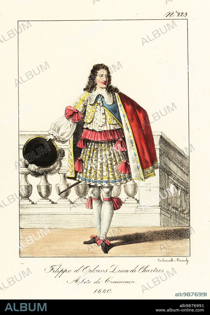 Philippe I, Duke of Orléans, in ceremonial robes, 1660. In scarlet cape, embroidered waistcoat and skirts, hose and garters, court sword. Younger brother of King Louis XIV of France. Philippe d'Orleans, Duc de Chartres. Costume de Ceremonie.